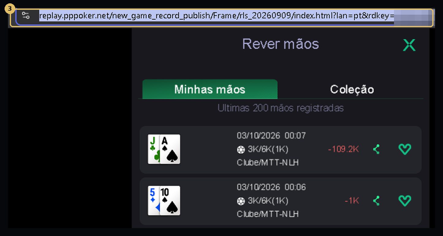 Página Rever mãos da PPPoker com o link em destaque