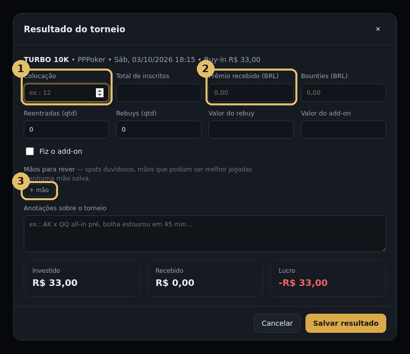 Janela Resultado do torneio